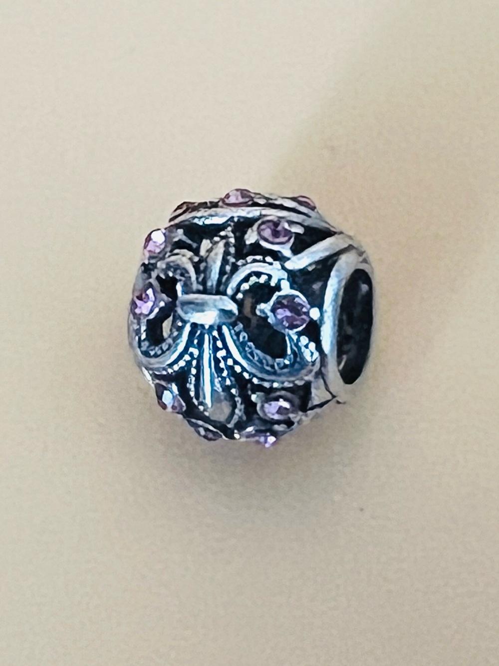 Silver plated & pink  CZ Fleur De Lis charm